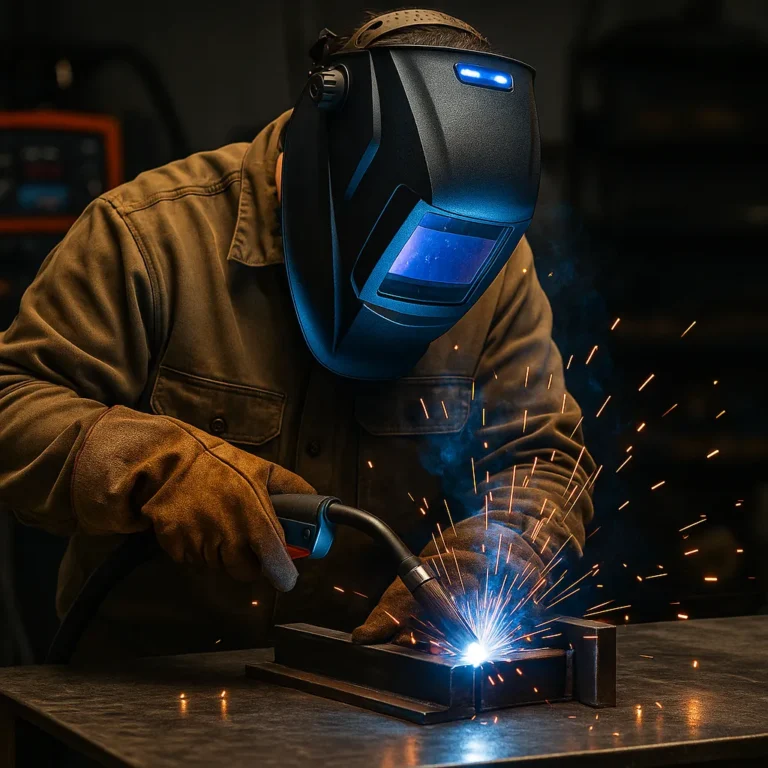 A welder in a dark workshop using a MIG welding machine, wearing a modern helmet with a glowing blue strip, sparks flying from the steel as the arc lights up the workspace.