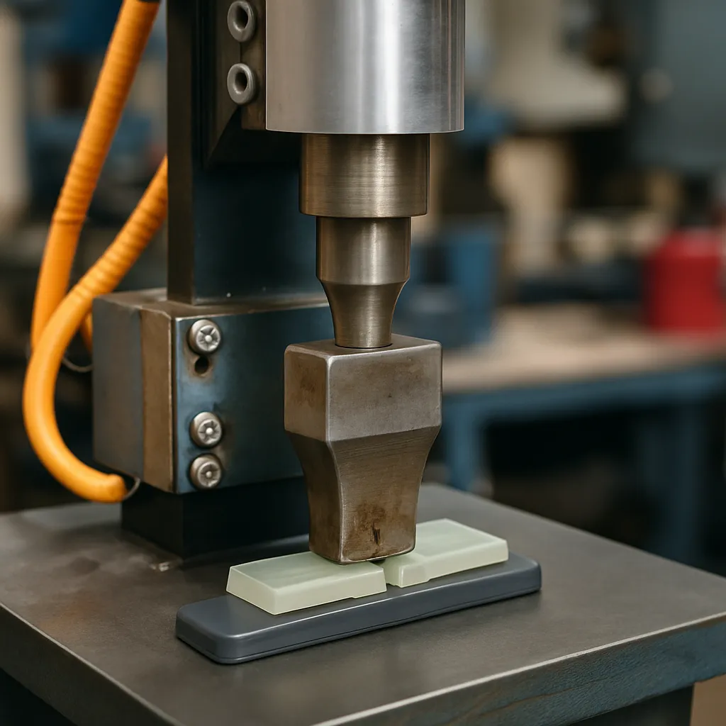 Close-up of an ultrasonic welding machine with the horn pressing plastic components on a metal base, in a clean industrial workshop.