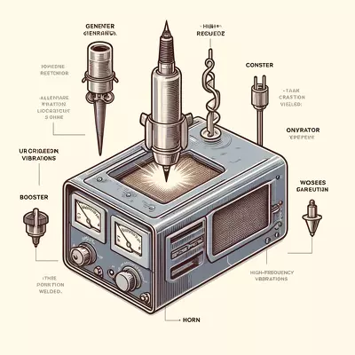 Illustration of an ultrasonic welder with generator, converter, booster, and horn, showing high-frequency vibrations and materials being welded together. Image for illustration purposes only.