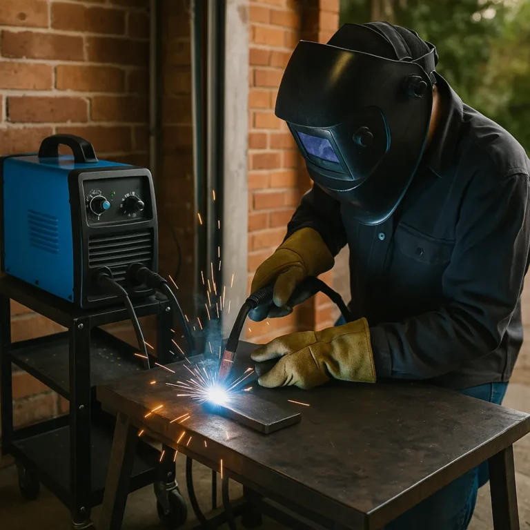 A photograph captures an active welding scene inside a home garage, where a hobbyist uses a compact blue MIG welder on a steel workpiece, with sparks flying and red brick walls in the background.