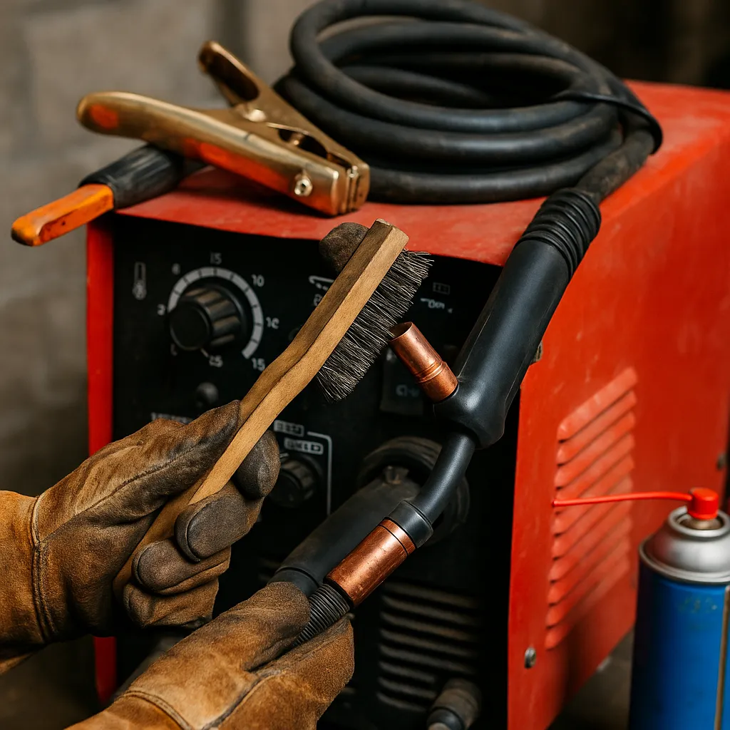 A welder wearing gloves uses a wire brush to clean the copper tip of a MIG welding torch in front of a red welding machine in a workshop.
