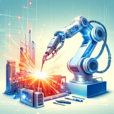 A futuristic and vibrant illustration of welding technology, featuring a robotic welding arm emitting sparks with advanced machinery in the background. Image for illustration purposes only.