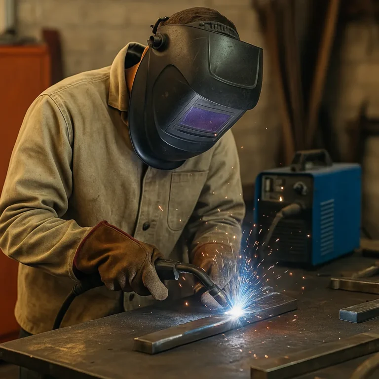 A beginner welder in a workshop using a MIG welder on a metal bar, wearing a dark helmet and gloves as bright sparks fly from the weld.