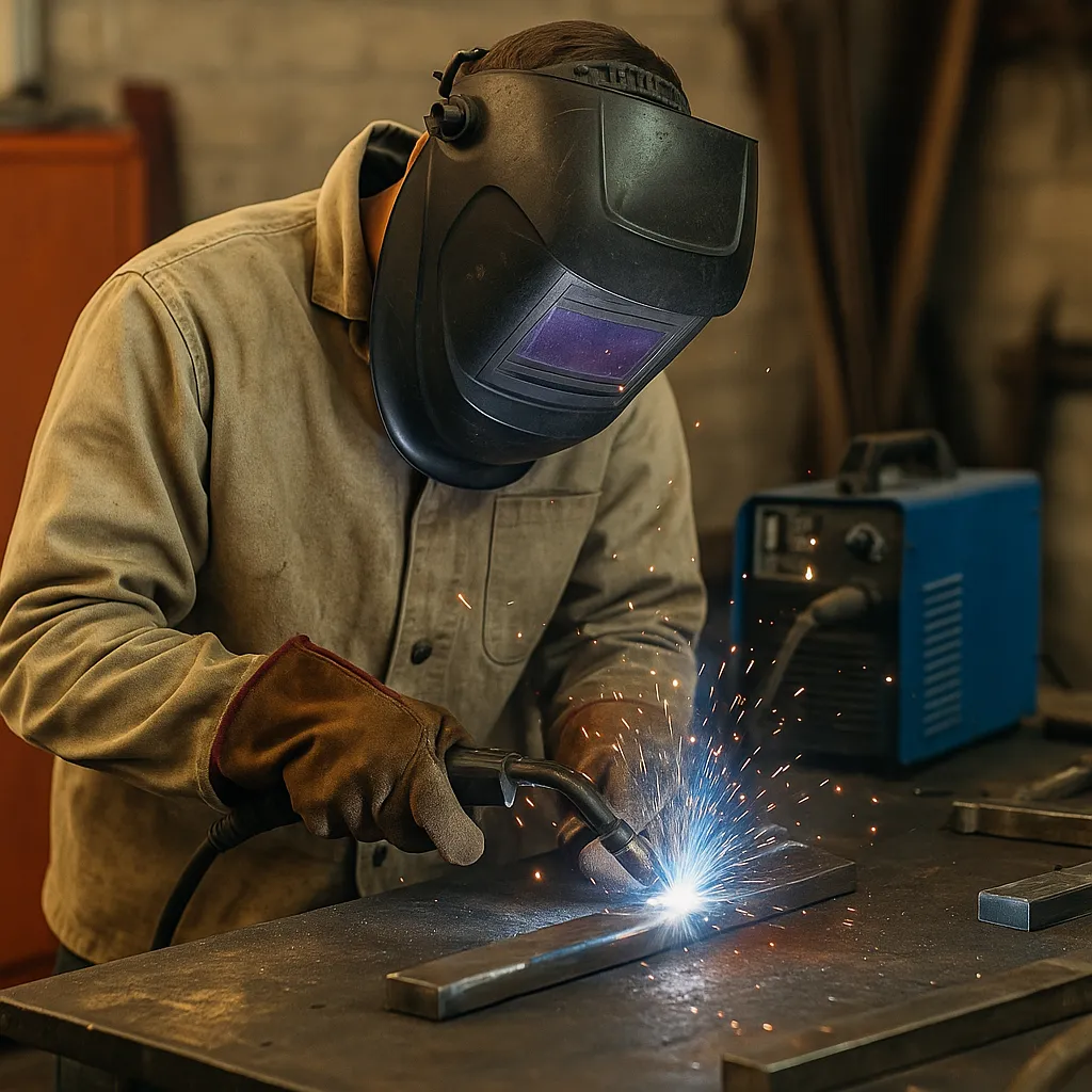 A beginner welder in a workshop using a MIG welder on a metal bar, wearing a dark helmet and gloves as bright sparks fly from the weld.