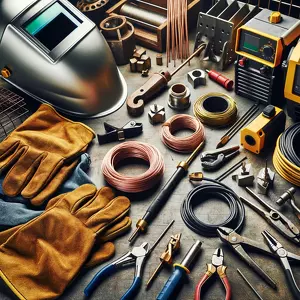 Various welding accessories including helmet, gloves, clamps, wires, and tools arranged on a workbench.