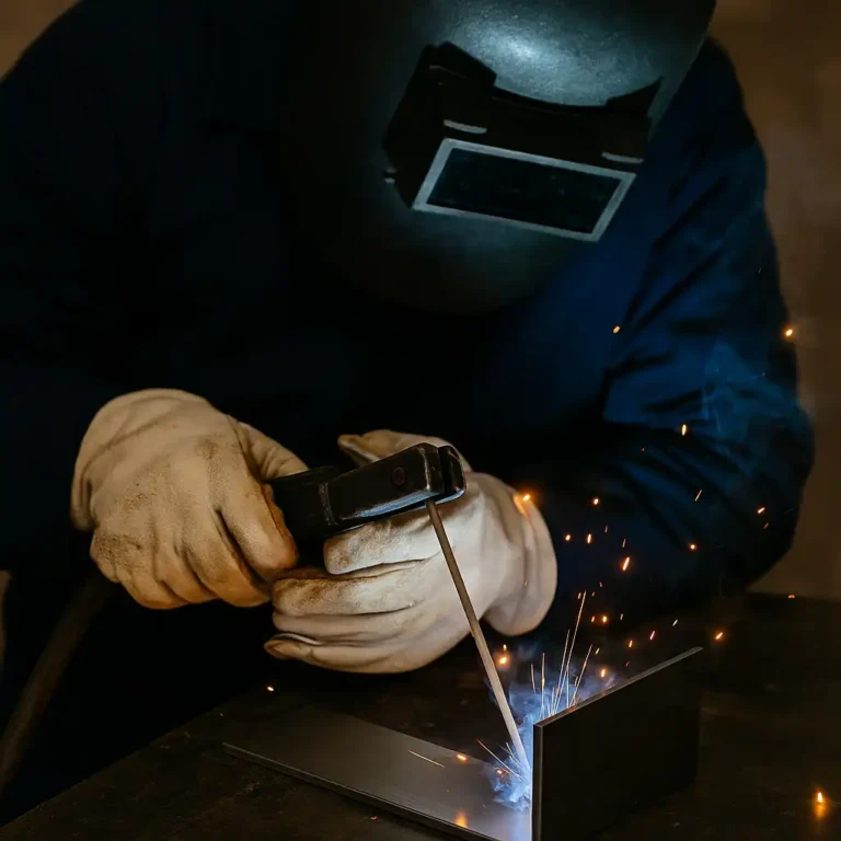 A welder wearing protective gloves and a dark helmet performs stick welding, creating bright sparks and smoke as the electrode fuses two metal pieces at a right angle on a workbench.