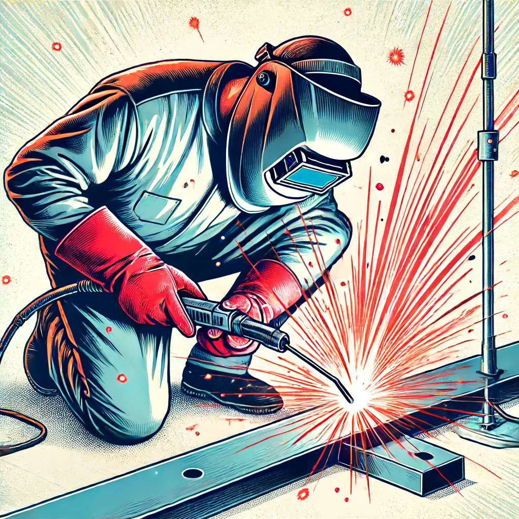 Illustration of a stick welder in action, showcasing the welding process with electric arcs and sparks, highlighting the importance and applications of stick welding. Image for illustration purposes only.