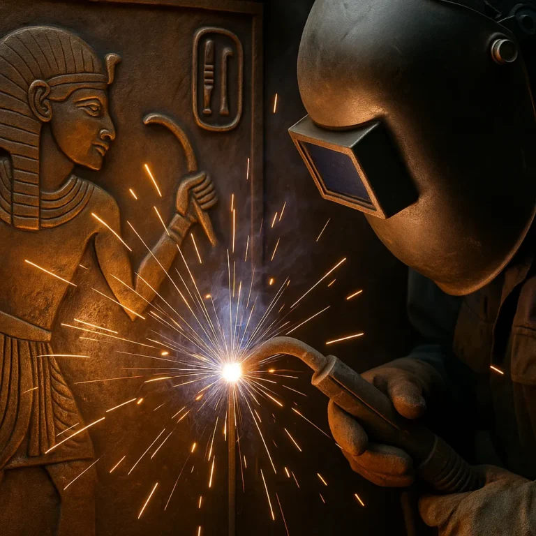 A photograph captures a welding scene juxtaposed with an ancient Egyptian carving, symbolizing the evolution of welding from historic craftsmanship to modern industry.