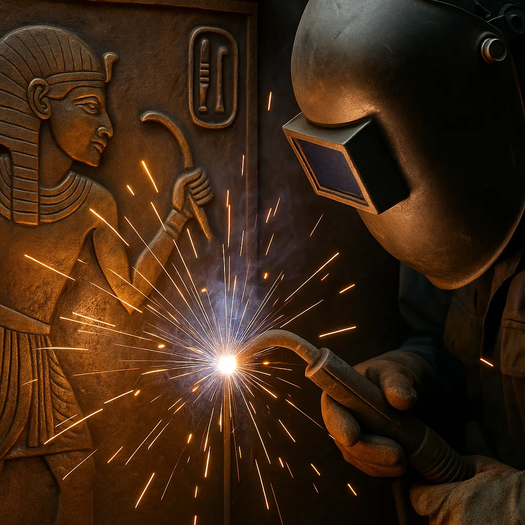 A photograph captures a welding scene juxtaposed with an ancient Egyptian carving, symbolizing the evolution of welding from historic craftsmanship to modern industry.