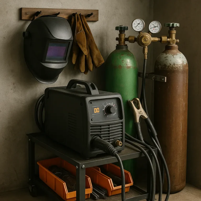 A photograph captures a well-organized welding equipment setup in a garage workshop, including a welding machine on a cart, neatly coiled leads, and safety gear stored on shelves.