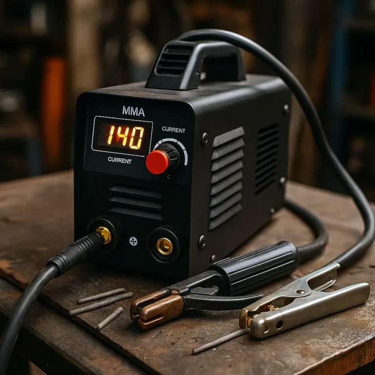 A compact HONE stick welder positioned on a workshop table with connected leads, next to welding gloves and steel rods in a garage setting.
