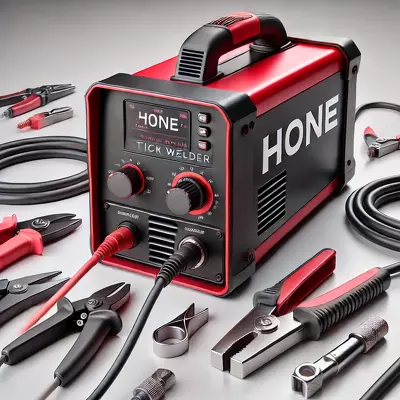 A detailed image of the Hone stick welder, displaying its design, digital display, and various components. Image for illustration purposes only.