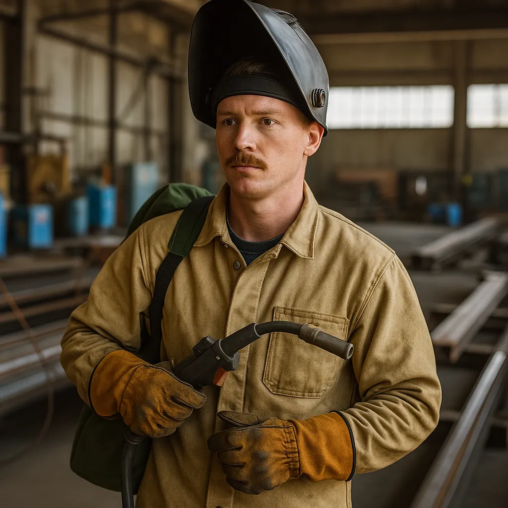 A welder stands confidently inside a training facility, holding his helmet with one hand and wearing a welding jacket, surrounded by gear and workshop tools.