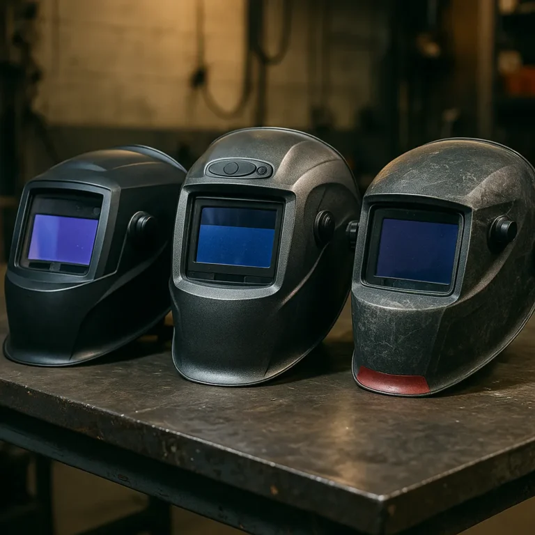 Three welding helmets sitting on a metal workbench in a workshop, each with a different design and finish, under soft industrial lighting.