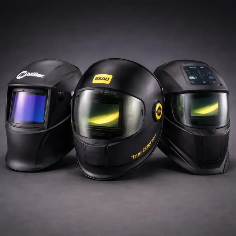 Three auto darkening welding helmets designed for TIG welding, showing large viewing lenses and low-profile designs for precision work.