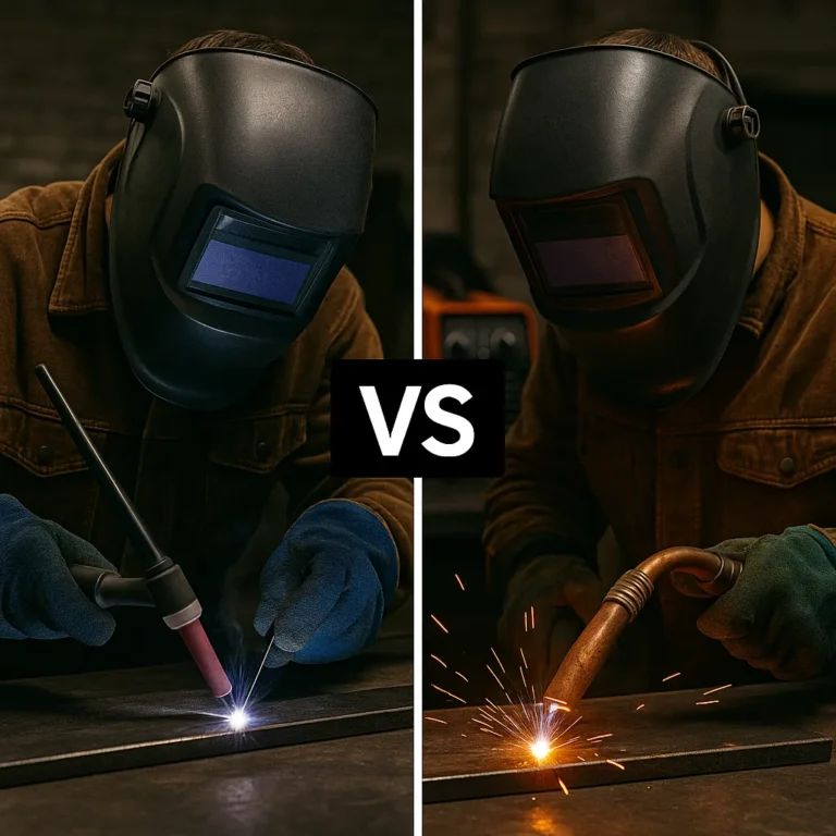 Split-image showing a TIG welder on the left and a MIG welder on the right, both actively welding in a workshop, with a bold "VS" in the center.