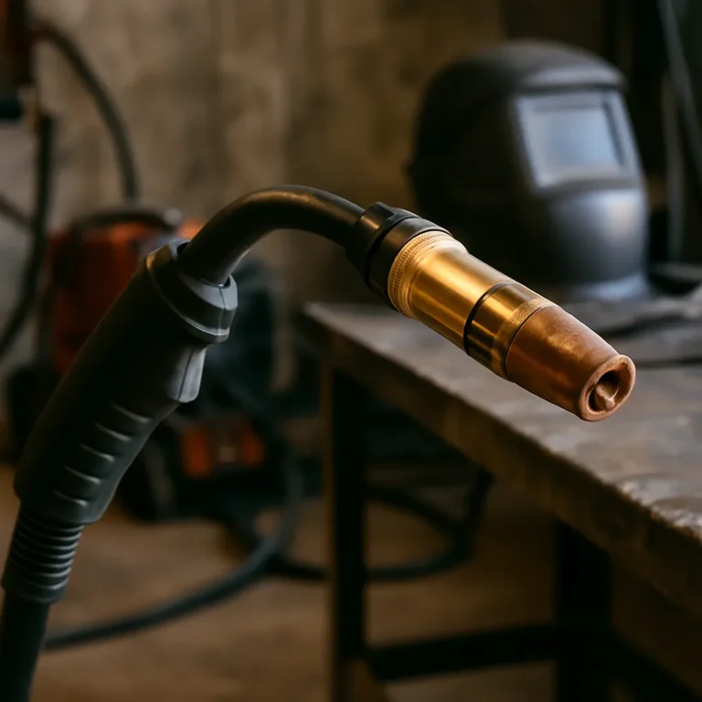 A photograph captures a MIG welding torch in close-up, showing the nozzle, handle, and trigger details with a blurred metal workbench in the background.
