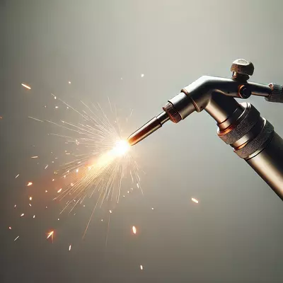 Close-up image of a welding torch emitting a flame and sparks.