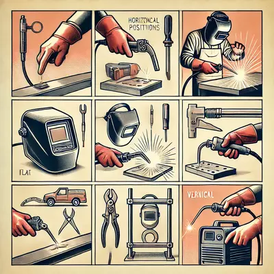 Illustrated image for "Welding Positions and Techniques," featuring visuals of welding tools and key welding positions.