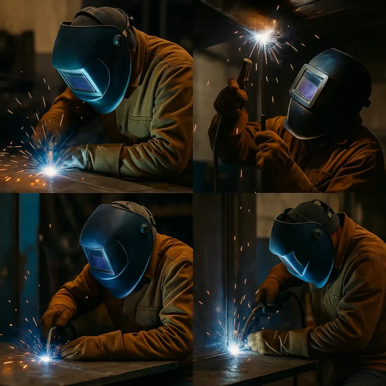 A collage of four close-up photographs captures a welder in full gear performing welds in flat, vertical, horizontal, and overhead positions, with sparks and arc light vividly visible in a workshop setting.