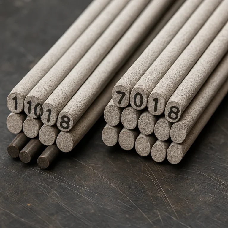 Two bundles of welding rods labeled 11018 and 7018 on a scratched metal work surface.