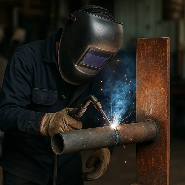 A welder practicing different welding positions on a metal test plate inside a workshop, surrounded by tools and safety gear.