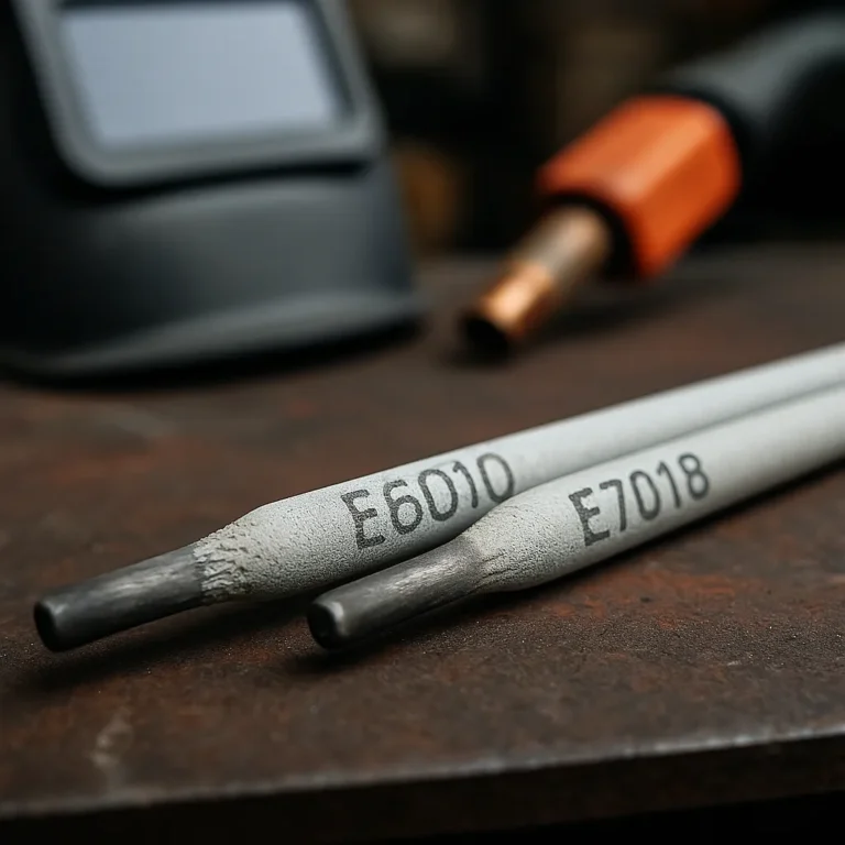 A high-resolution photograph showcases two welding rods, one labeled 6010 and the other 7018, resting on a metal workbench beside welding tools.