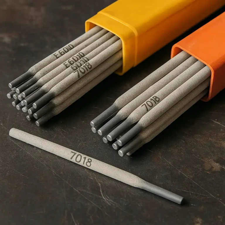 Close-up of 6010 and 7018 welding rods in storage cases on a worn metal workbench, with one loose 7018 rod in the foreground.