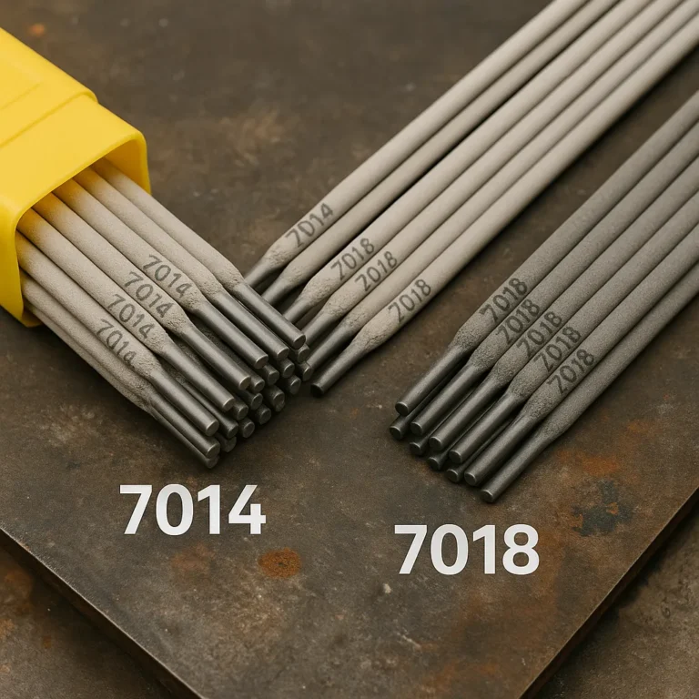 A photograph presents two bundles of welding electrodes—7014 rods in a yellow container on the left and 7018 rods on the right—resting on a rusted metal workbench.