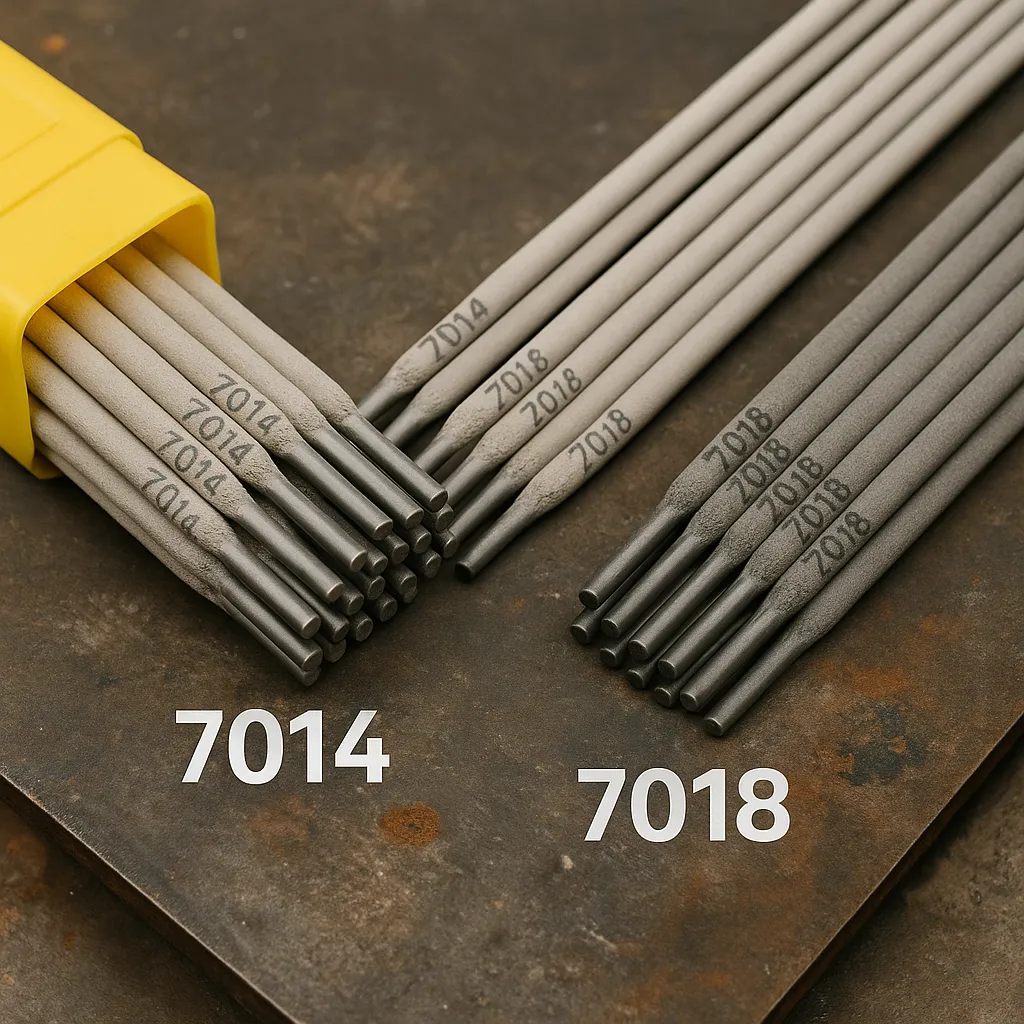 A photograph presents two bundles of welding electrodes—7014 rods in a yellow container on the left and 7018 rods on the right—resting on a rusted metal workbench.