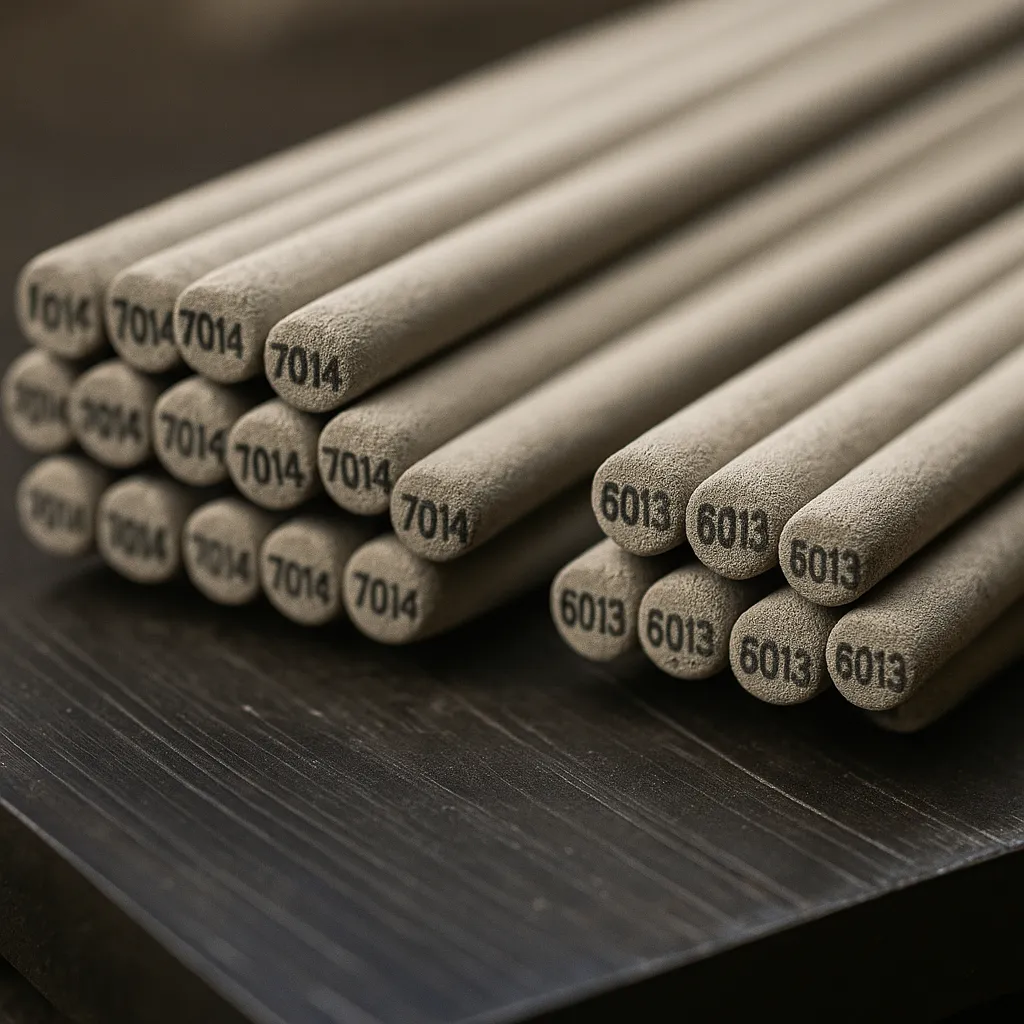 Two bundles of welding rods labeled 7014 and 6013 placed side by side on a workshop table with visible surface texture and tools nearby.