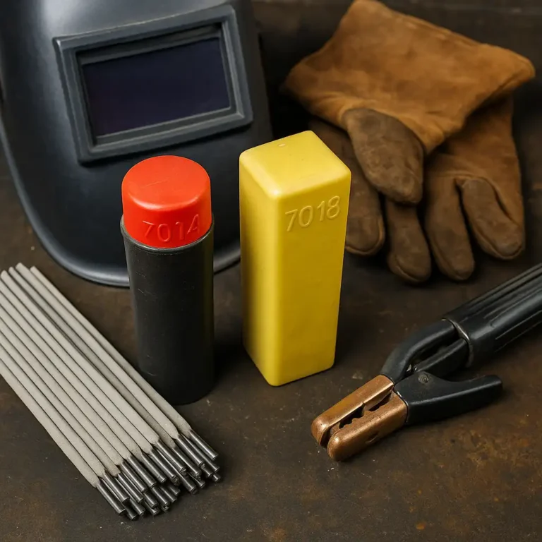 A workshop table with 7014 and 7018 welding rod containers, loose electrodes, leather gloves, a welding stinger, and a helmet arranged neatly.