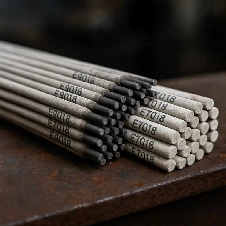 Two neatly stacked piles of welding rods labeled E9018 and E7018 on a rusted workbench, with a blurred workshop background.