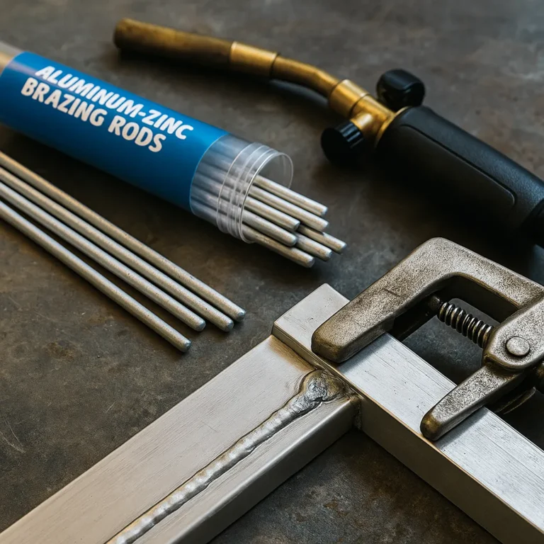 Close-up of aluminum brazing using a low-temp rod and propane torch, with melted filler bonding two aluminum parts on a metal workbench.
