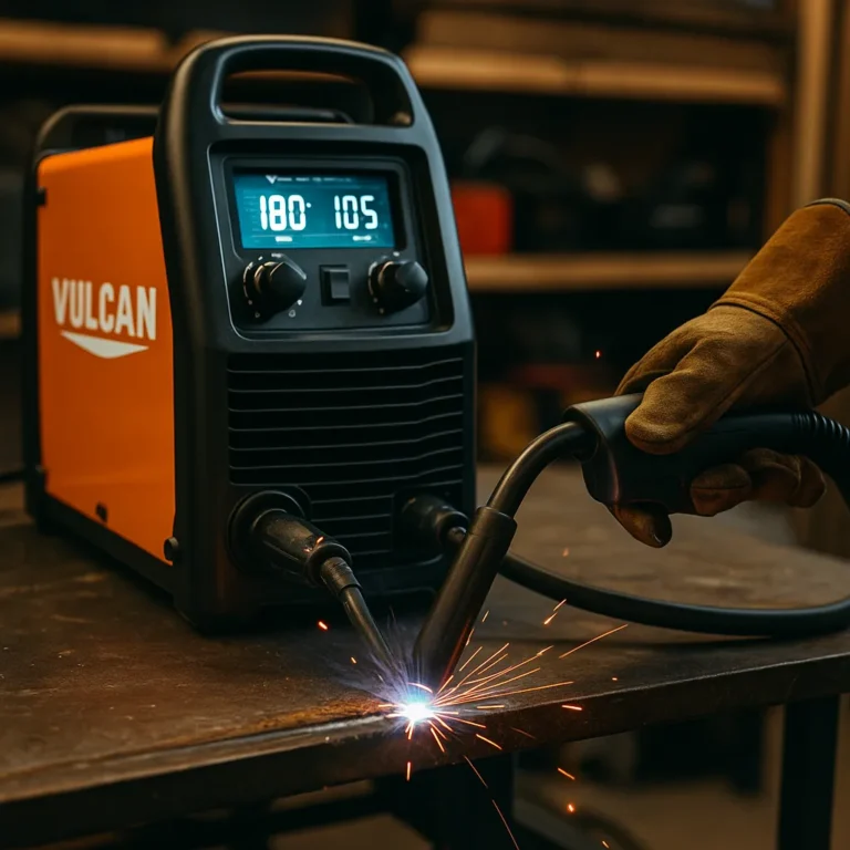 A close-up view of a Vulcan MIG welder in use on a workbench, with a gloved hand guiding the torch and visible welding sparks.
