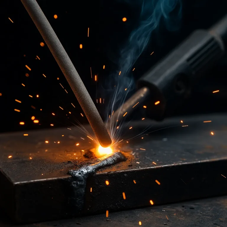 A photograph captures welding action up close, focusing on a 7018 electrode creating a steady arc with visible sparks and molten metal.