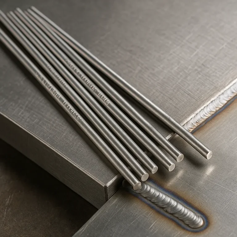 A high-resolution digital photograph showcases several stainless steel TIG welding filler rods for 304 stainless steel, placed on brushed metal near a smooth TIG weld bead with visible heat coloration.
