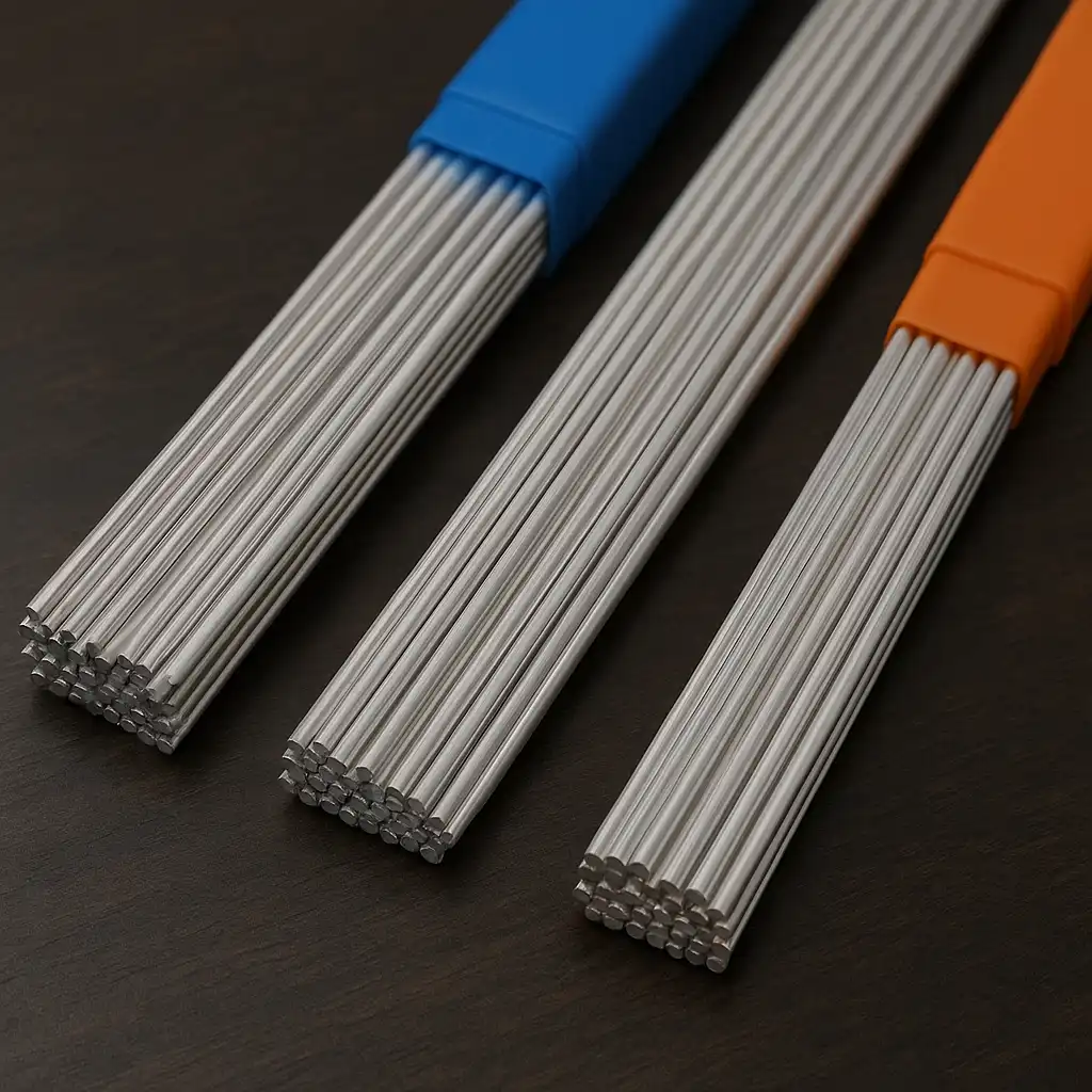 Three bundles of aluminum TIG welding rods—Blue Demon ER4943, EEASSA ER4047, and ARCCAPTAIN ER4043—are laid out on a metal workbench, each labeled and neatly aligned for comparison.