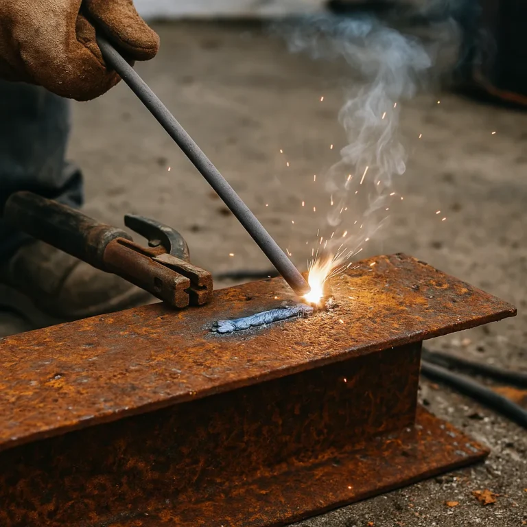 A photograph captures a welder using a manual arc welding rod on a rusty steel surface, with bright sparks and a partially cleaned work area.
