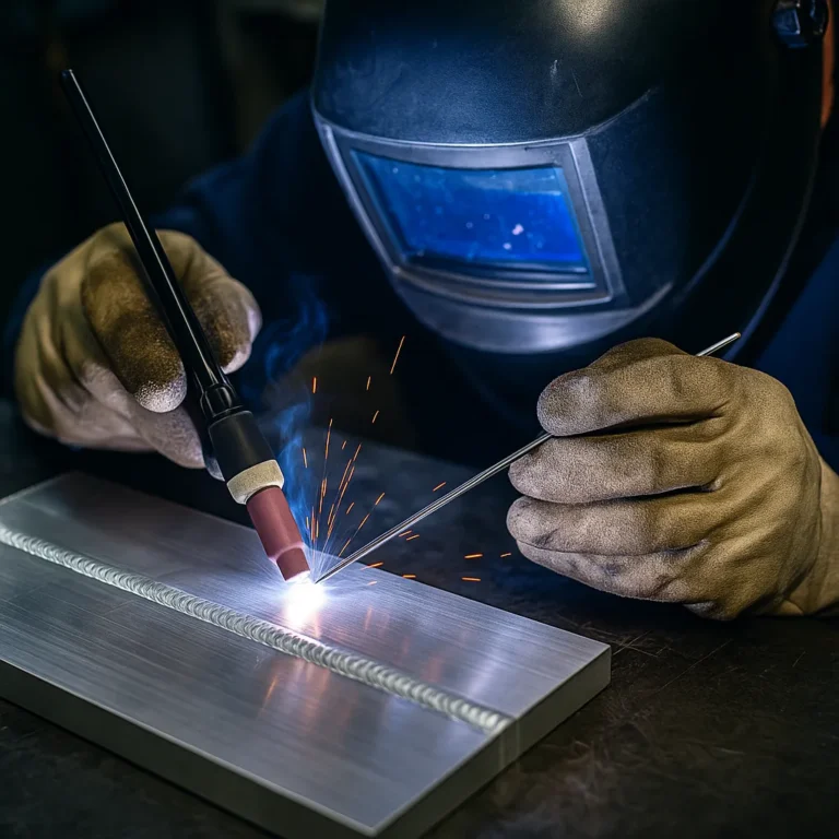 A welder performing TIG welding on a polished aluminum sheet, with visible arc light and filler rod in motion.
