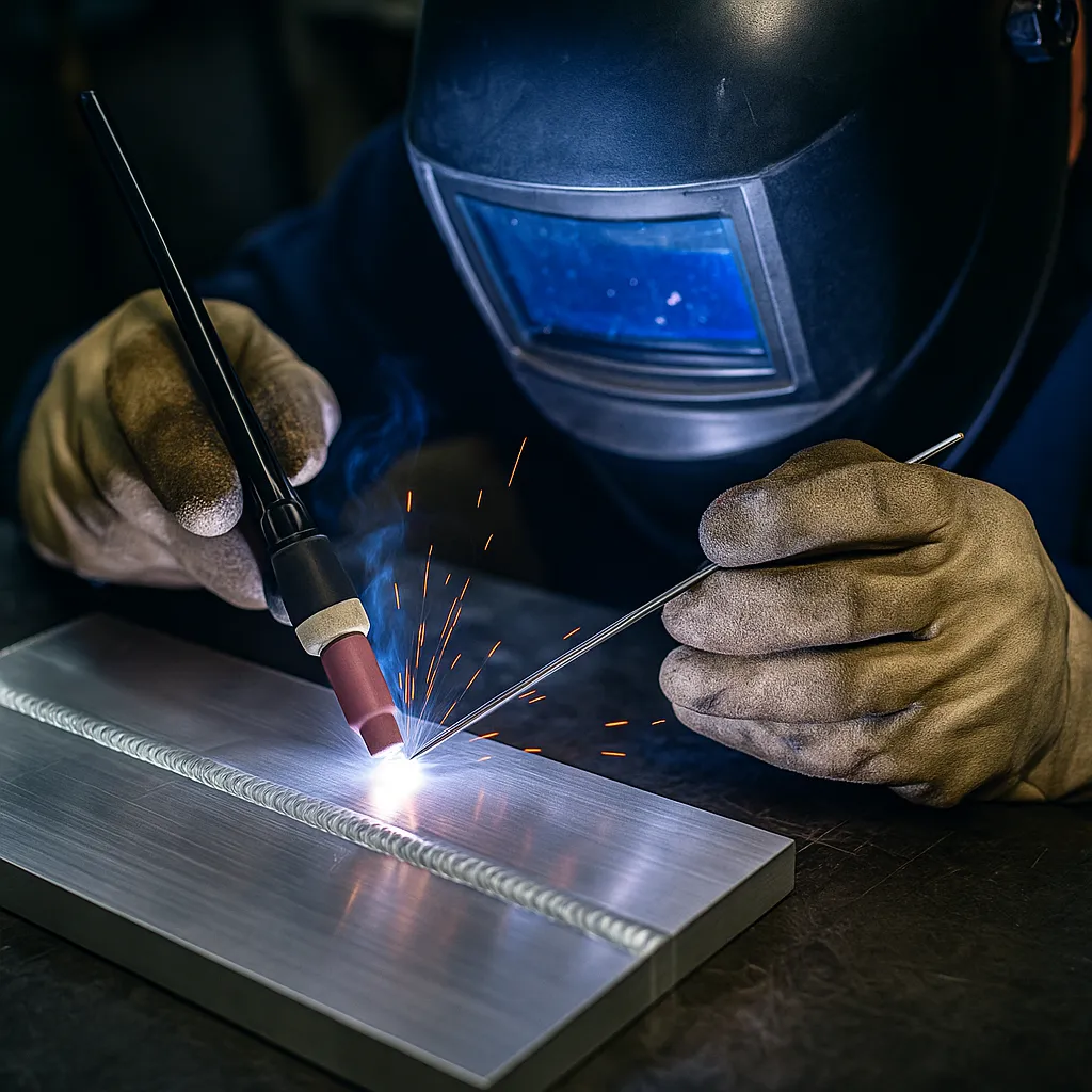 A welder performing TIG welding on a polished aluminum sheet, with visible arc light and filler rod in motion.
