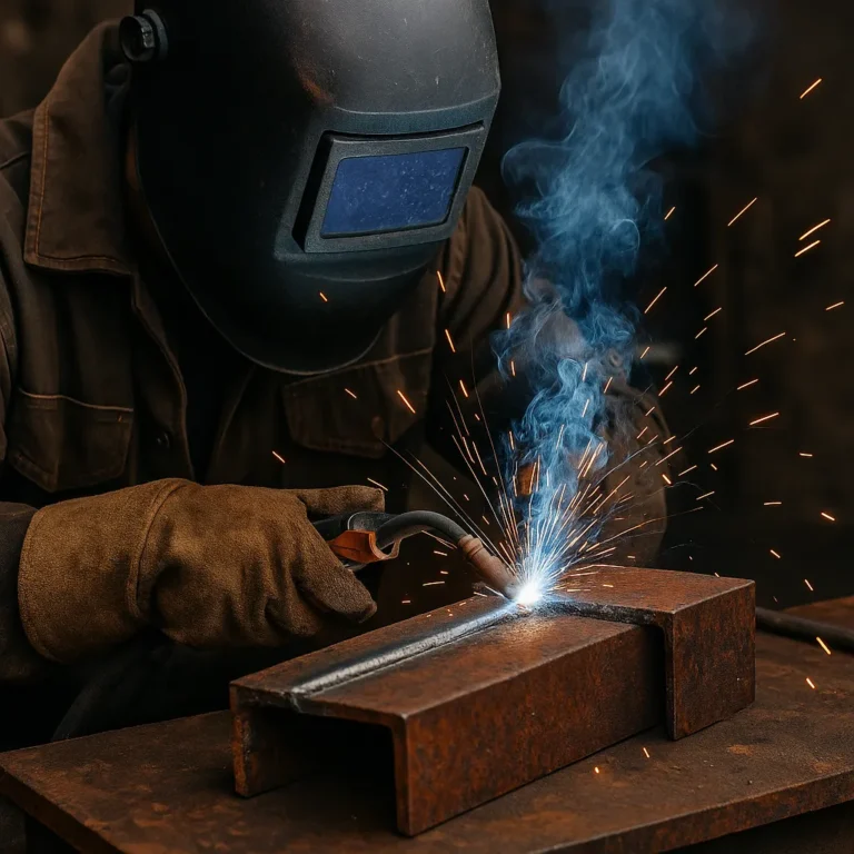 A photograph captures a welder at work in close-up, welding a steel plate with visible sparks, wearing safety gloves and a dark welding helmet.