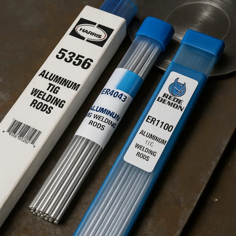 A photograph displays three aluminum TIG welding rod packs—ER5356, ER4043, and ER1100—on a metal surface with rods partially exposed.