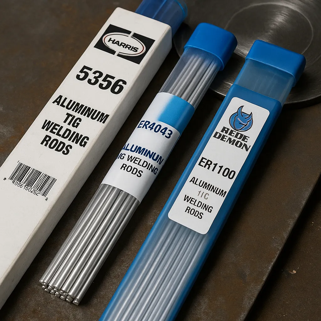 A photograph displays three aluminum TIG welding rod packs—ER5356, ER4043, and ER1100—on a metal surface with rods partially exposed.