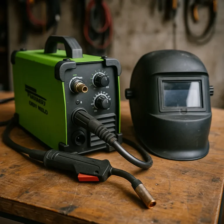 A compact green Forney welder placed on a metal workbench in a home garage, surrounded by tools and welding cables, ready for light fabrication work.