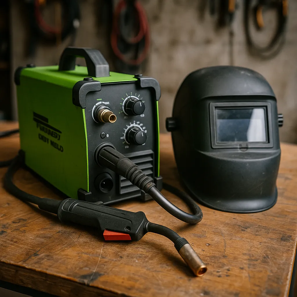 A compact green Forney welder placed on a metal workbench in a home garage, surrounded by tools and welding cables, ready for light fabrication work.