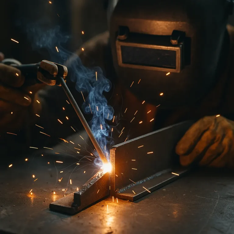 A photograph captures a stick welding process in progress, with bright sparks flying as the electrode melts two pieces of steel in a workshop setting.