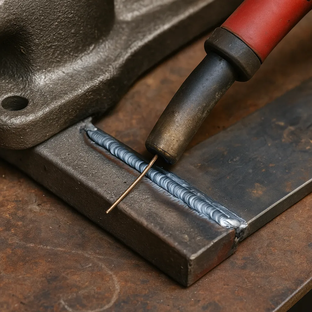 A photograph captures a close-up of a welder joining cast iron to mild steel using a MIG torch, showing a clean bead on the workpiece.