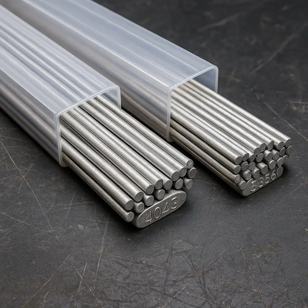 Two clear plastic sleeves holding bundles of aluminum filler rods labeled 4043 and 5356, resting on a dark scratched metal workbench.