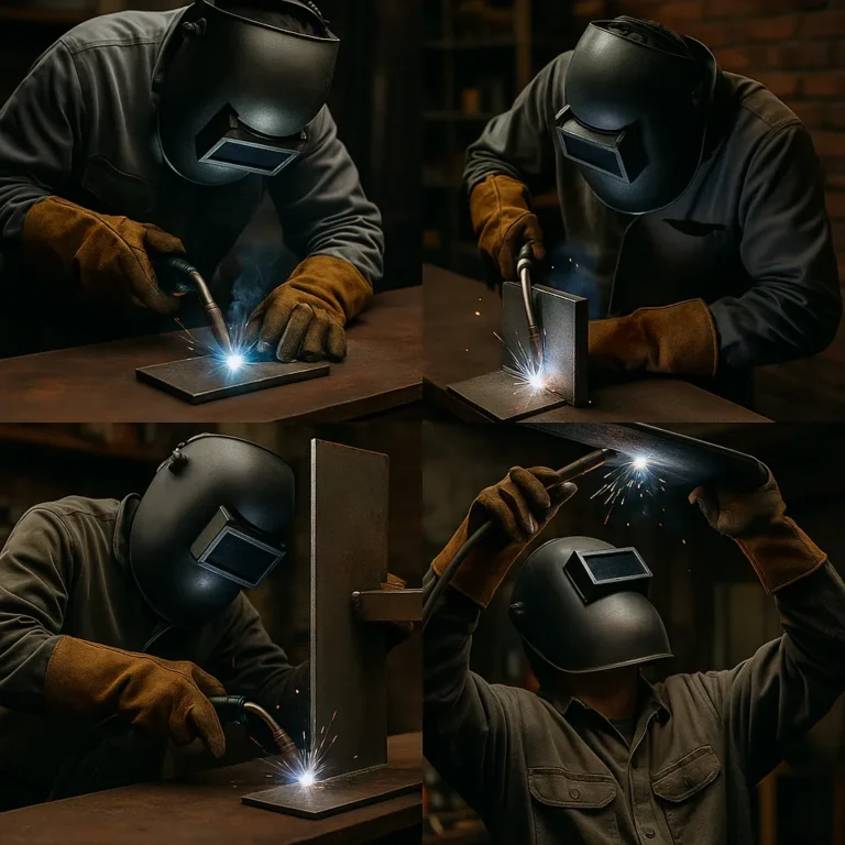 A collage of four photographs demonstrates different welding positions including overhead, horizontal, vertical, and flat welds in a workshop setting.